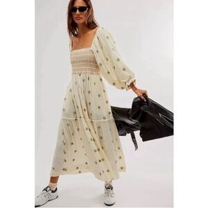 Free People Dahlia Embroidered Maxi Dress Cream Ivory Pastry Combo Floral Small